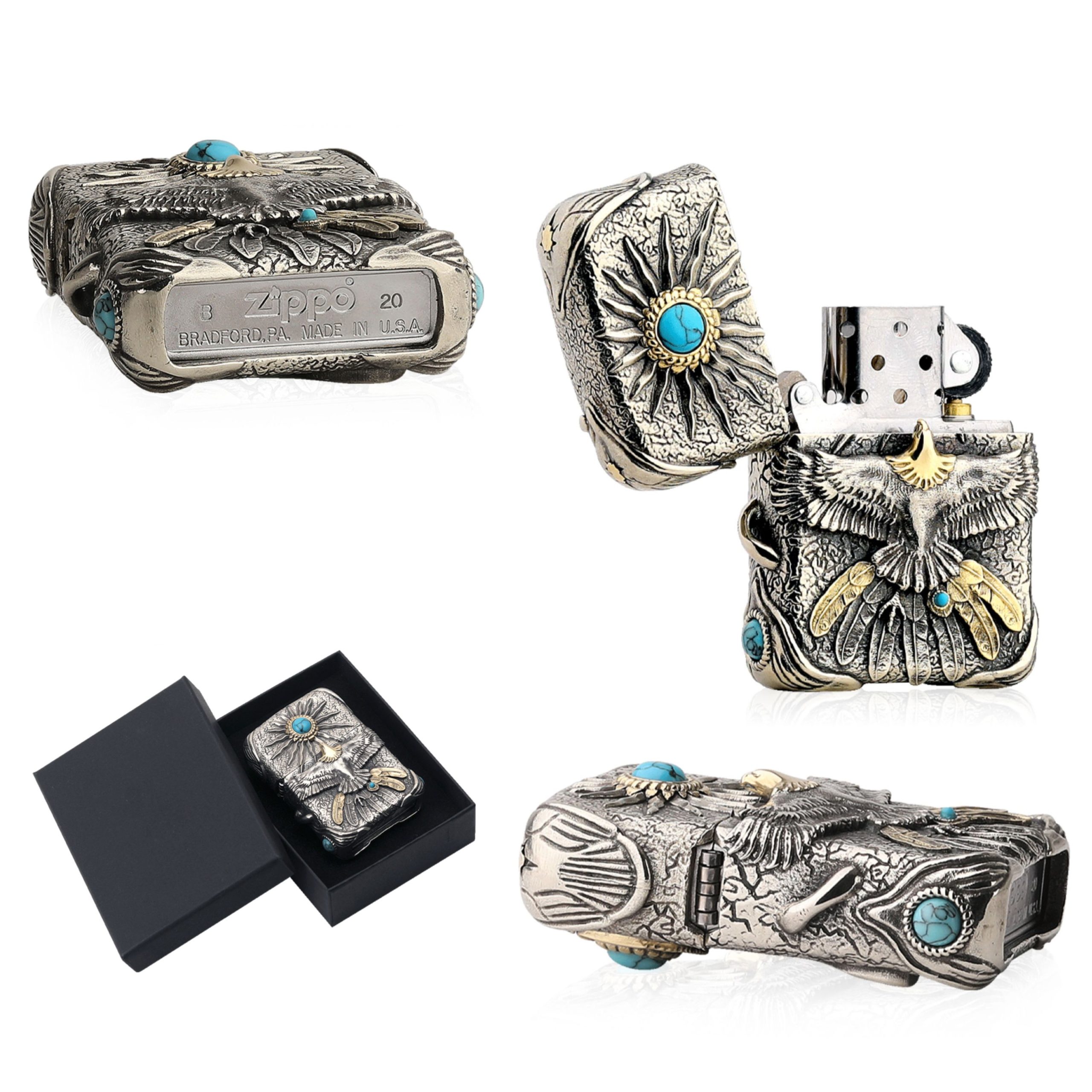 فندک بنزینی Custom Zippo (طرح عقاب 540 درجه با نگین فیروزه ای) - Image 8