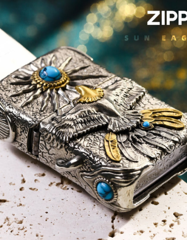 فندک بنزینی Custom Zippo (طرح عقاب 540 درجه با نگین فیروزه ای)