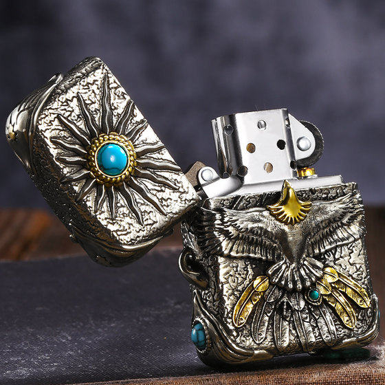 فندک بنزینی Custom Zippo (طرح عقاب 540 درجه با نگین فیروزه ای) - Image 7