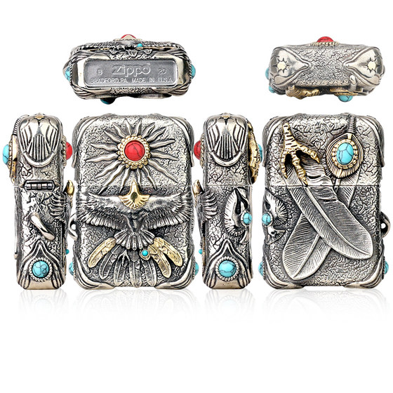 فندک بنزینی Custom Zippo (طرح عقاب 540 درجه با نگین فیروزه ای) - Image 9